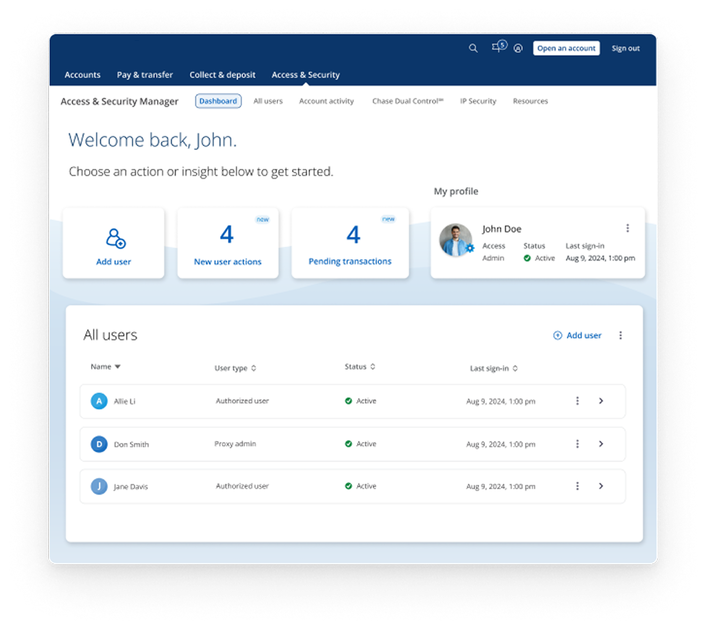 Prototype A — user-focused Access & Security Manager dashboard